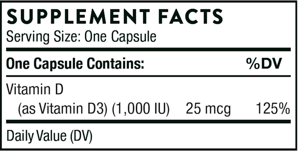 Thorne D-1,000 90 capsule supplement facts label