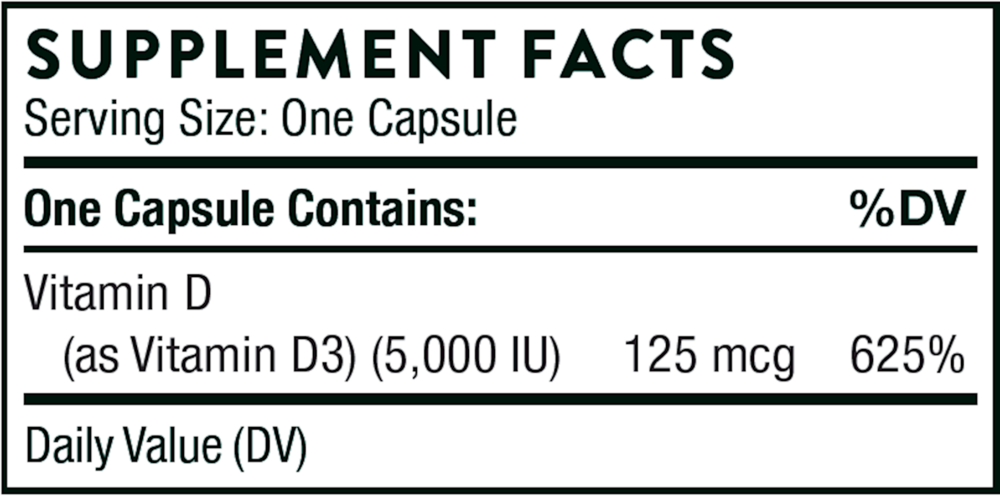 Thorne D-5,000 60 capsule supplement facts label