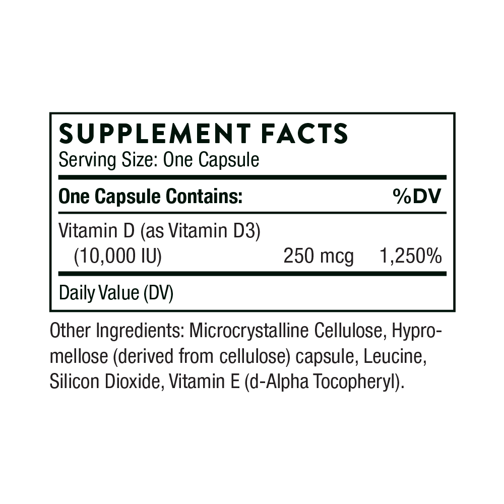 Thorne D-10,000 60 capsule supplement facts label