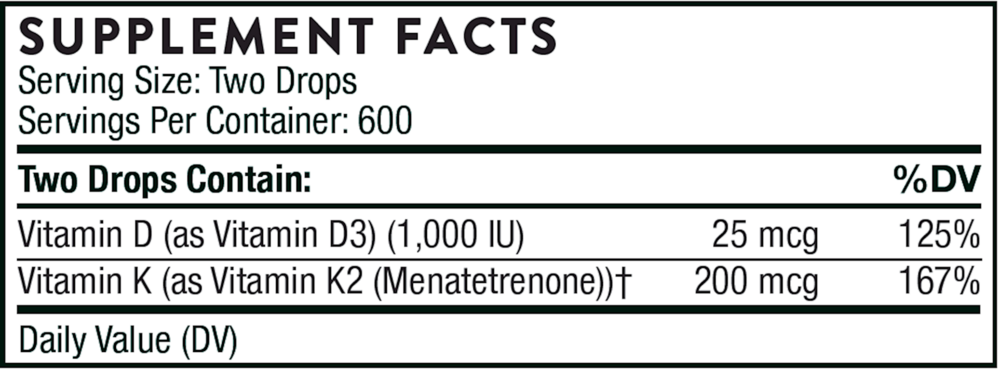 Thorne Vitamin D + K2 Liquid 30 milliliter supplement facts label