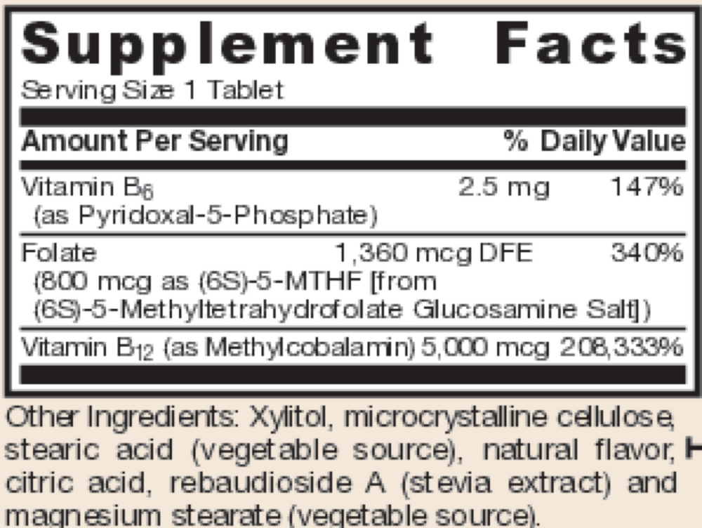 Jarrow Formulas B-12 & Folate Ultra Strength Cherry 60 chewable tablet supplement facts label