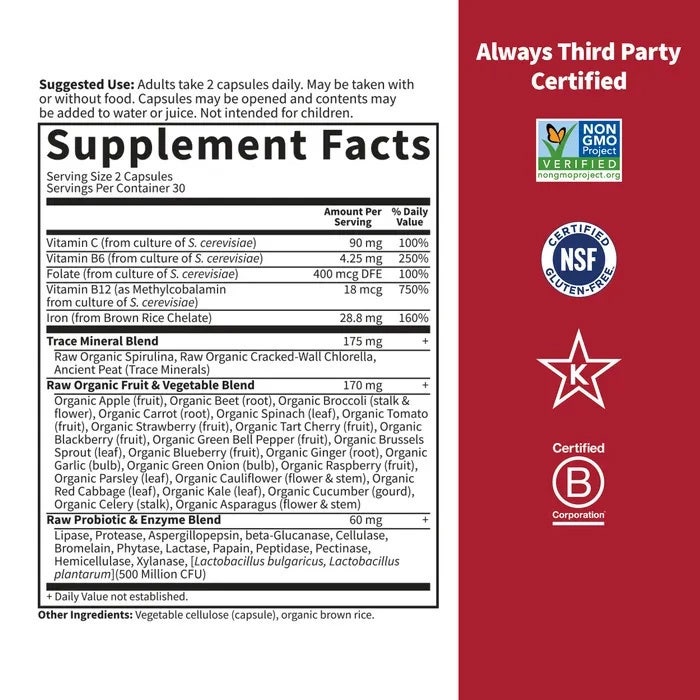Garden of Life VitaminCode Healthy Blood 60 capsule supplement facts label