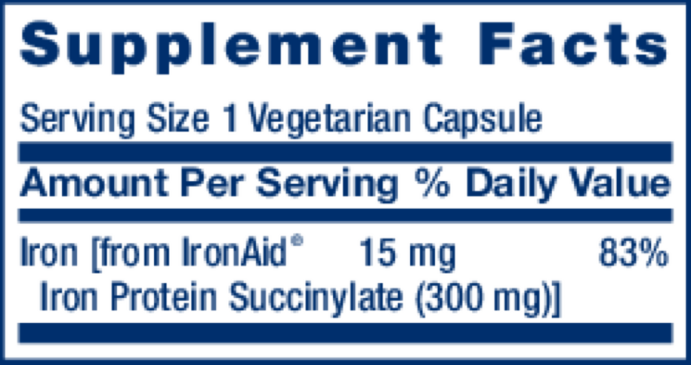 Life Extension Iron Protein Plus 300 mg 100 capsule supplement facts label