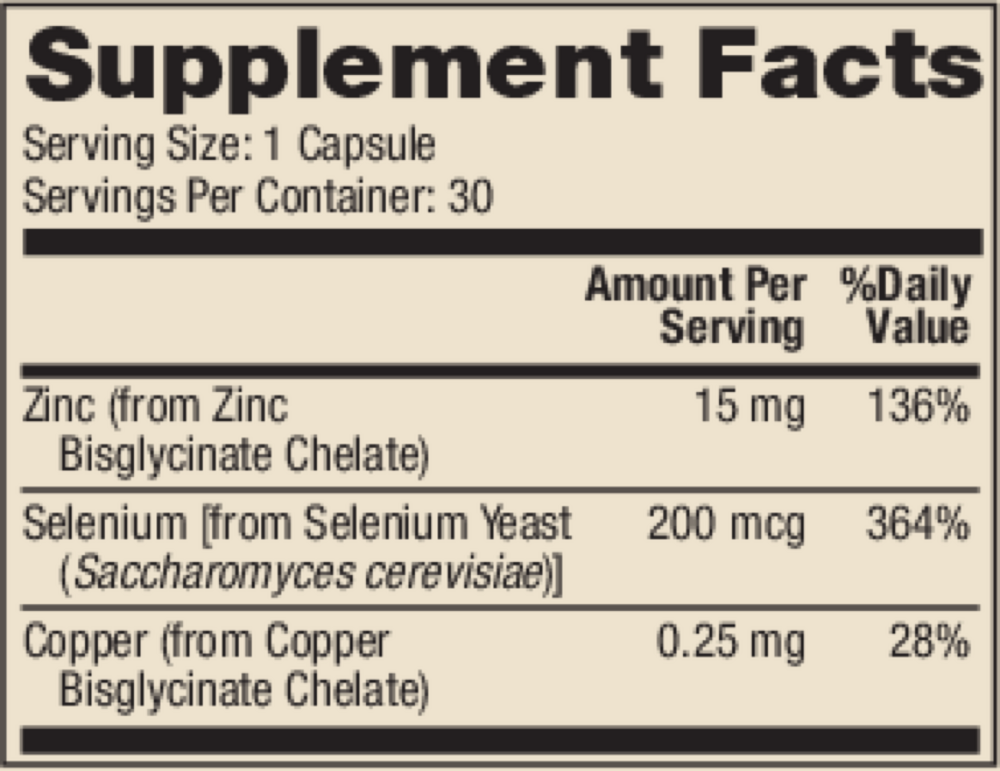 Dr. Mercola Zinc Plus Selenium 30 capsule supplement facts label