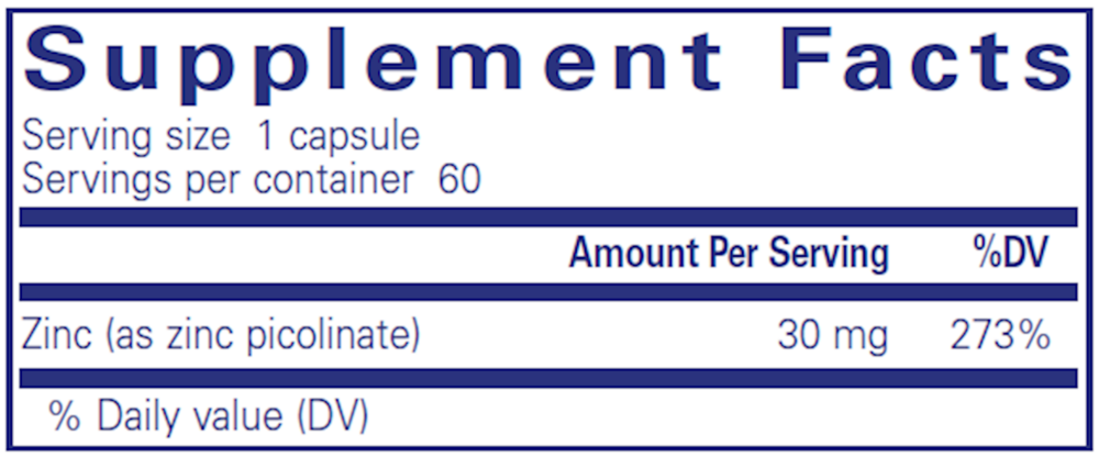Pure Encapsulations Zinc 30 60 capsule supplement facts label