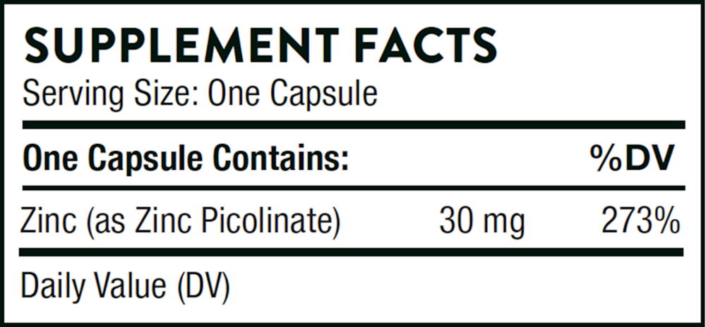 Thorne Zinc Picolinate 30mg 60 capsule supplement facts label