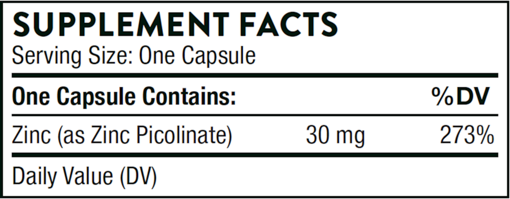 Thorne Zinc Picolinate 30mg 180 capsule supplement facts label