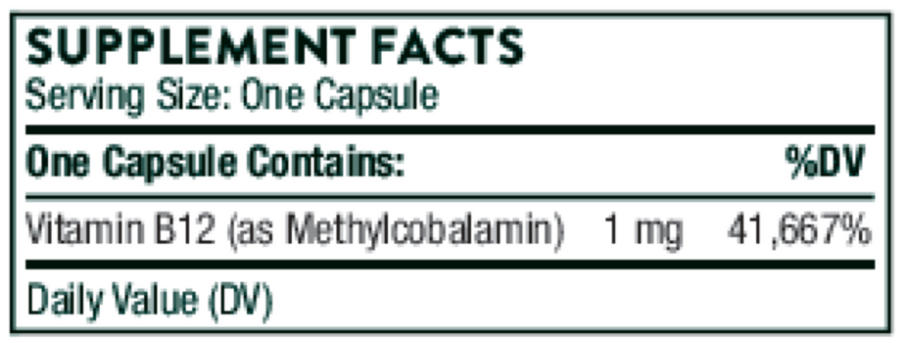 Thorne Vitamin B12 60 capsule supplement facts label