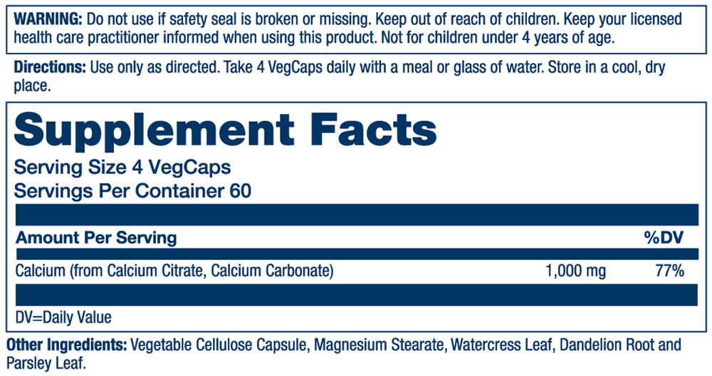 Solaray Calcium Citrate 1g 240 capsule supplement facts label