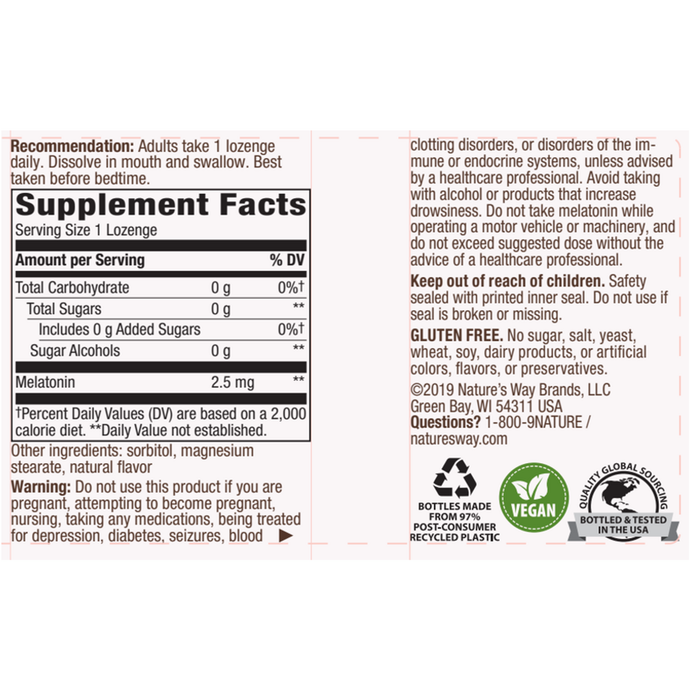 Nature’s Way Melatonin Lozenge 100 lozenge supplement facts label