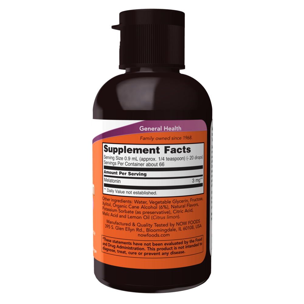 NOW Liquid Melatonin 59 milliliter supplement facts label