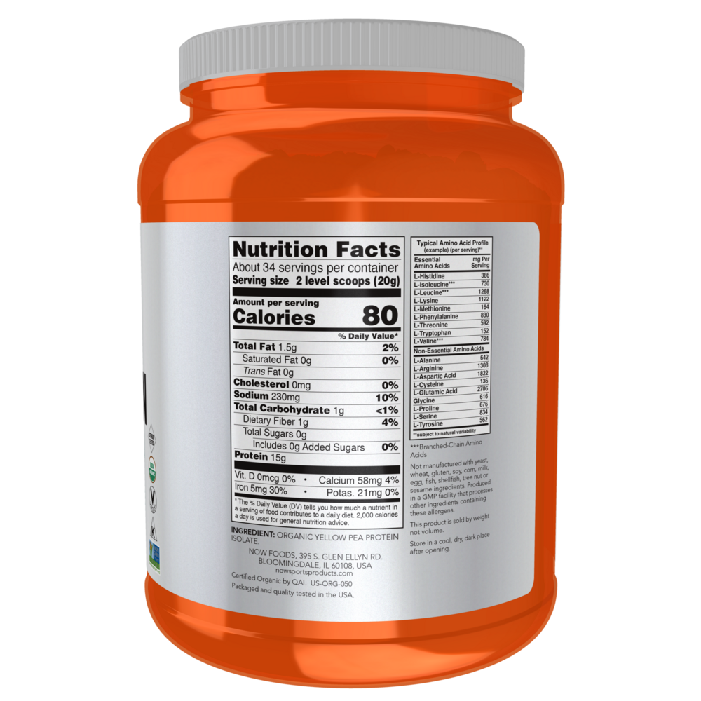 Now Sports Organic Pea Protein 680 gram supplement facts label