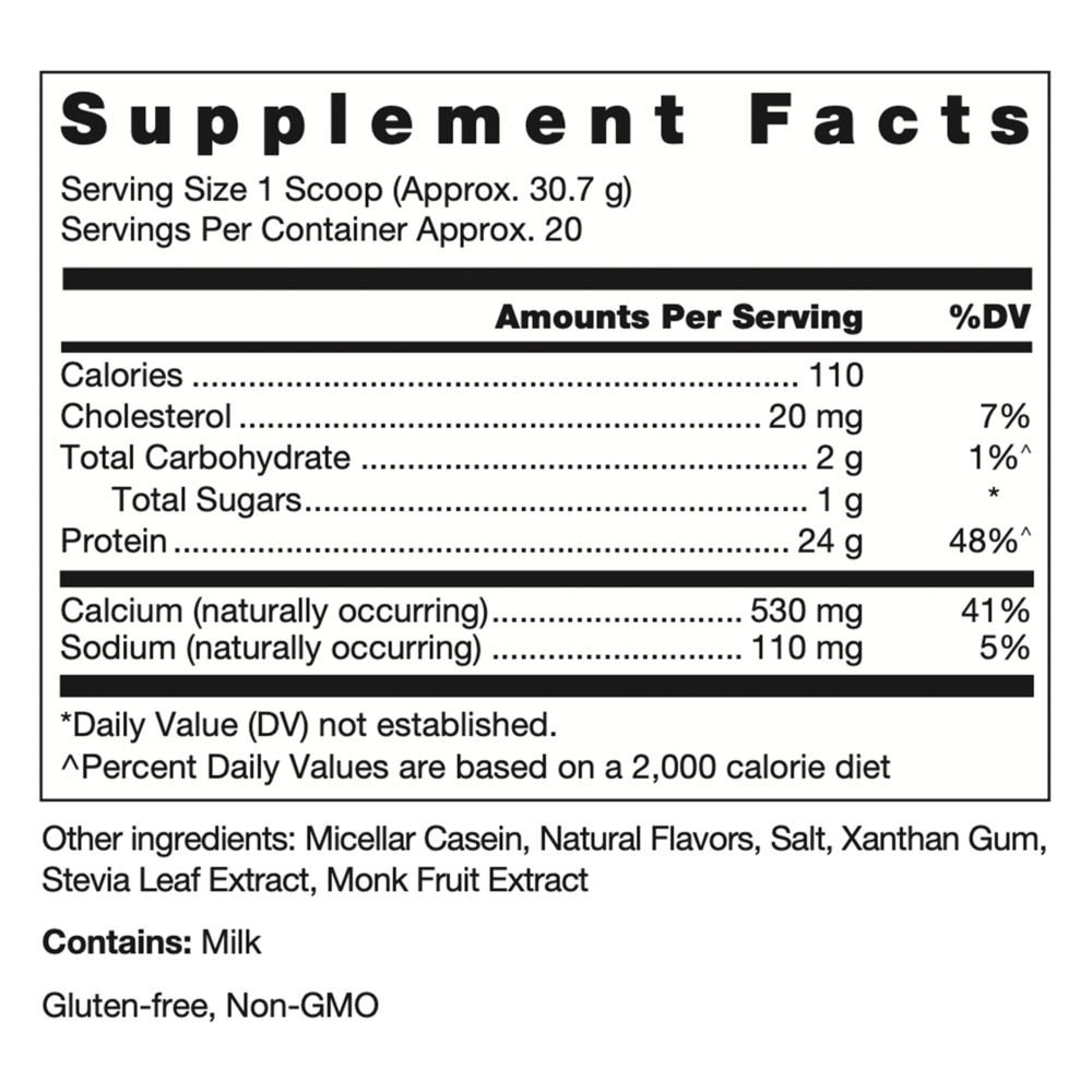 Klean Athlete Casein Natural Vanilla Custard Flavor 614 gram supplement facts label