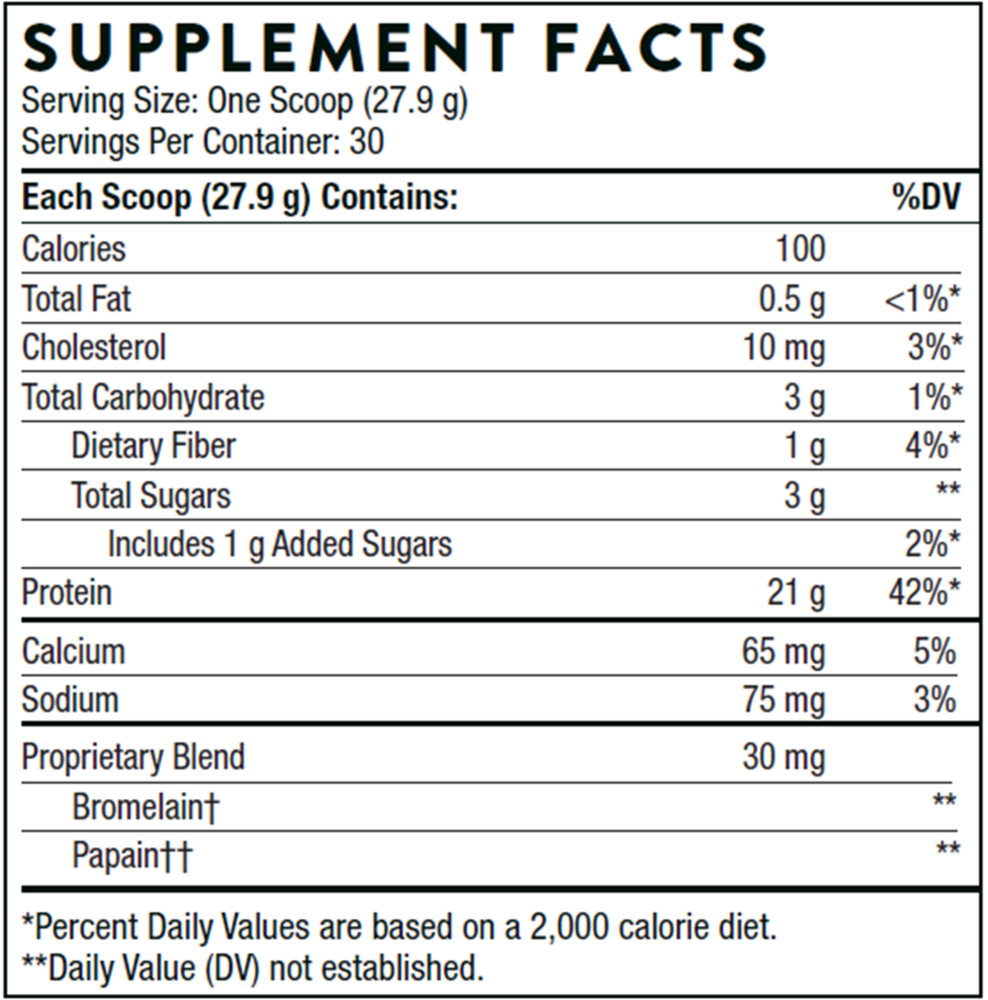 Thorne Whey Protein Isolate Vanilla 837 gram supplement facts label