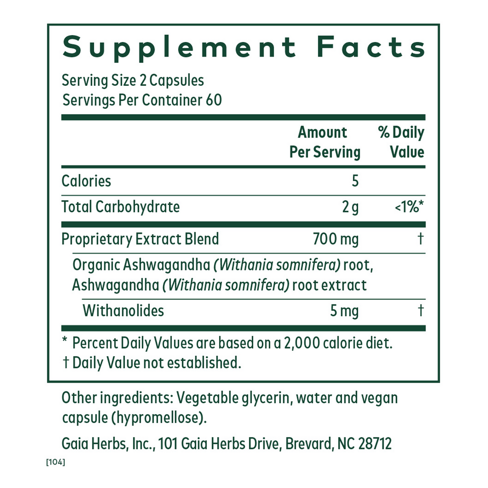 Gaia Herbs Pro Ashwagandha 700 120 capsule supplement facts label