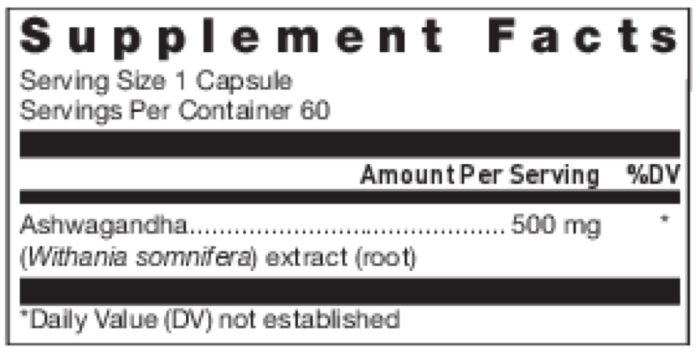 Klean Athlete Klean Ashwagandha 60 capsule supplement facts label