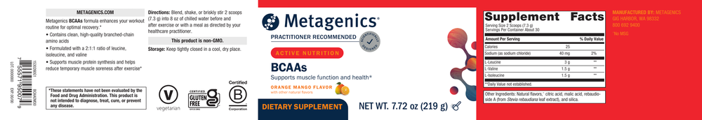 Metagenics BCAAs Orange Mango 219 gram supplement facts label