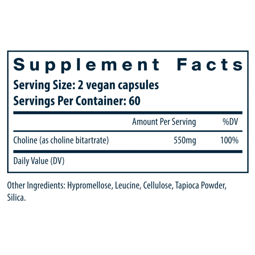Vital Nutrients Choline 120 capsule supplement facts label