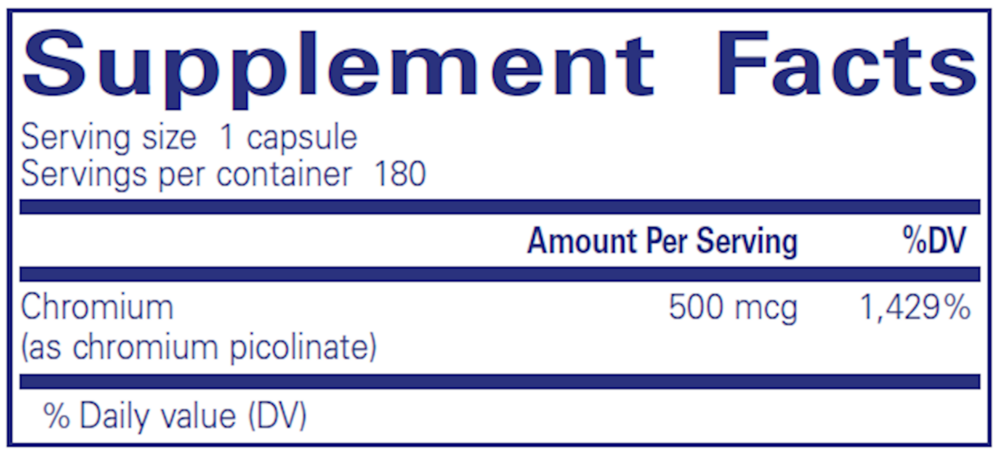 Pure Encapsulations Chromium Picolinate 500mcg 180 capsule supplement facts label