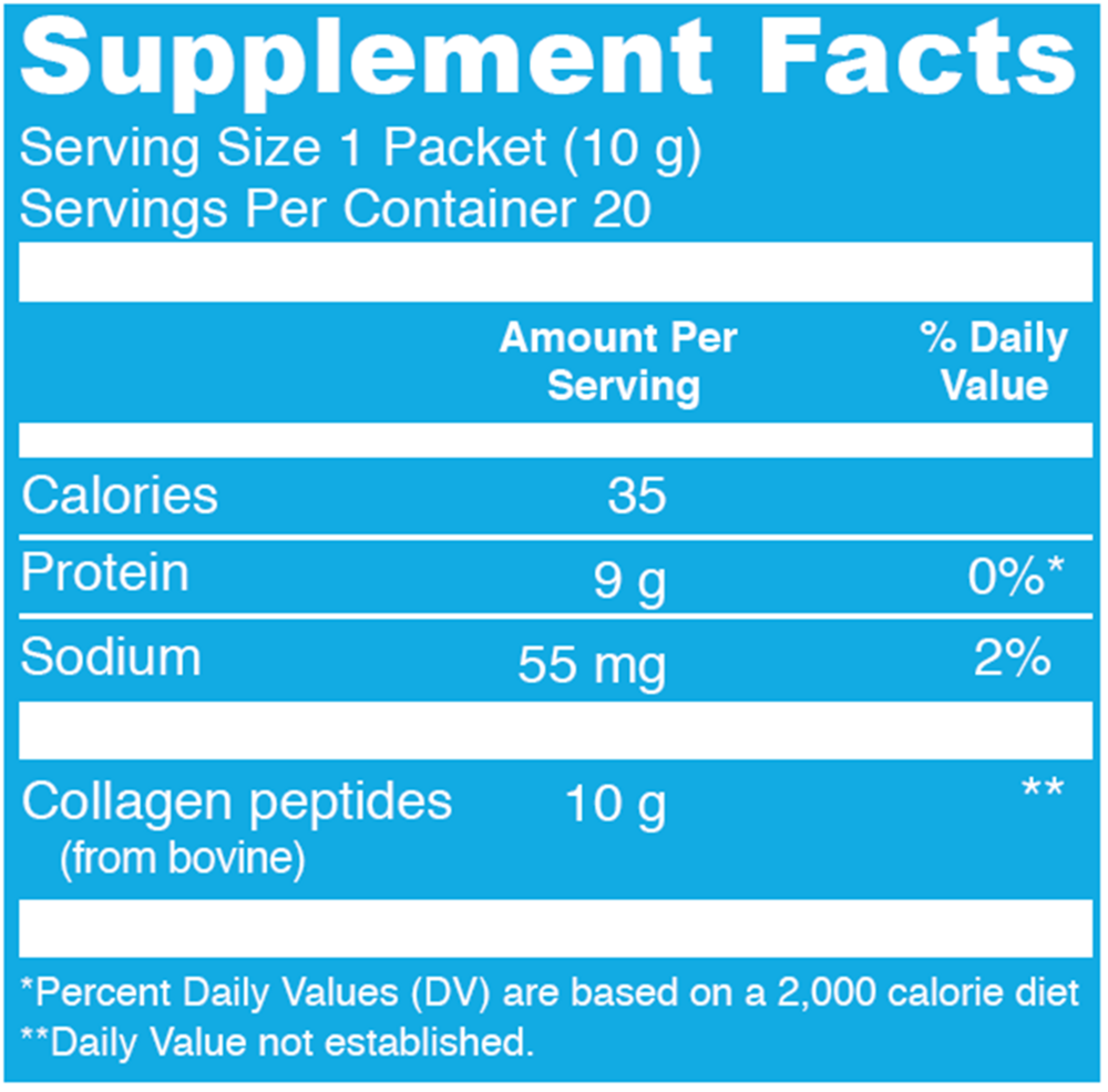 Vital Proteins Collagen Peptides Stick Pack 20 packet supplement facts label