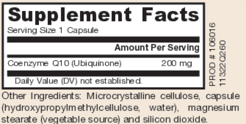 Jarrow Formulas Co-Q10 200mg 60 capsule supplement facts label