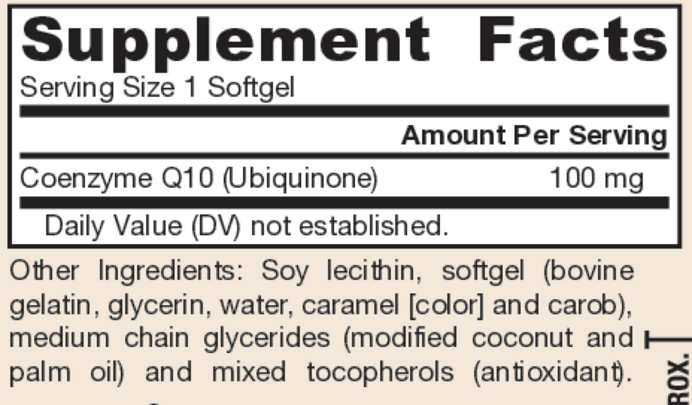 Jarrow Formulas Q-Absorb Co-Q10 100mg 120 softgel supplement facts label