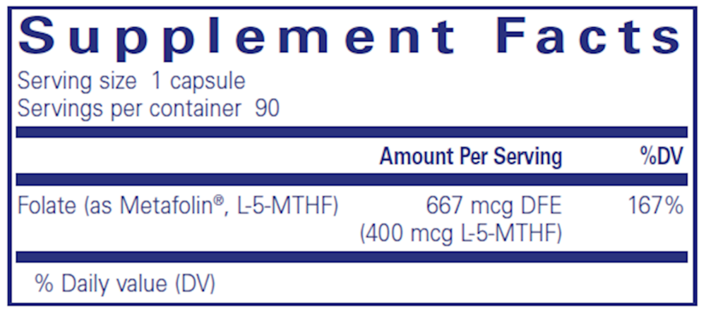 Pure Encapsulations Folate 400 90 capsule supplement facts label