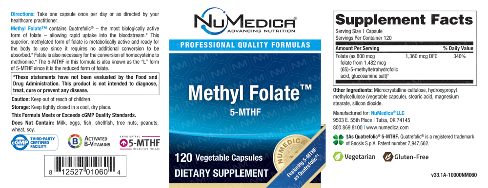 NuMedica Methyl Folate 120 capsule supplement facts label