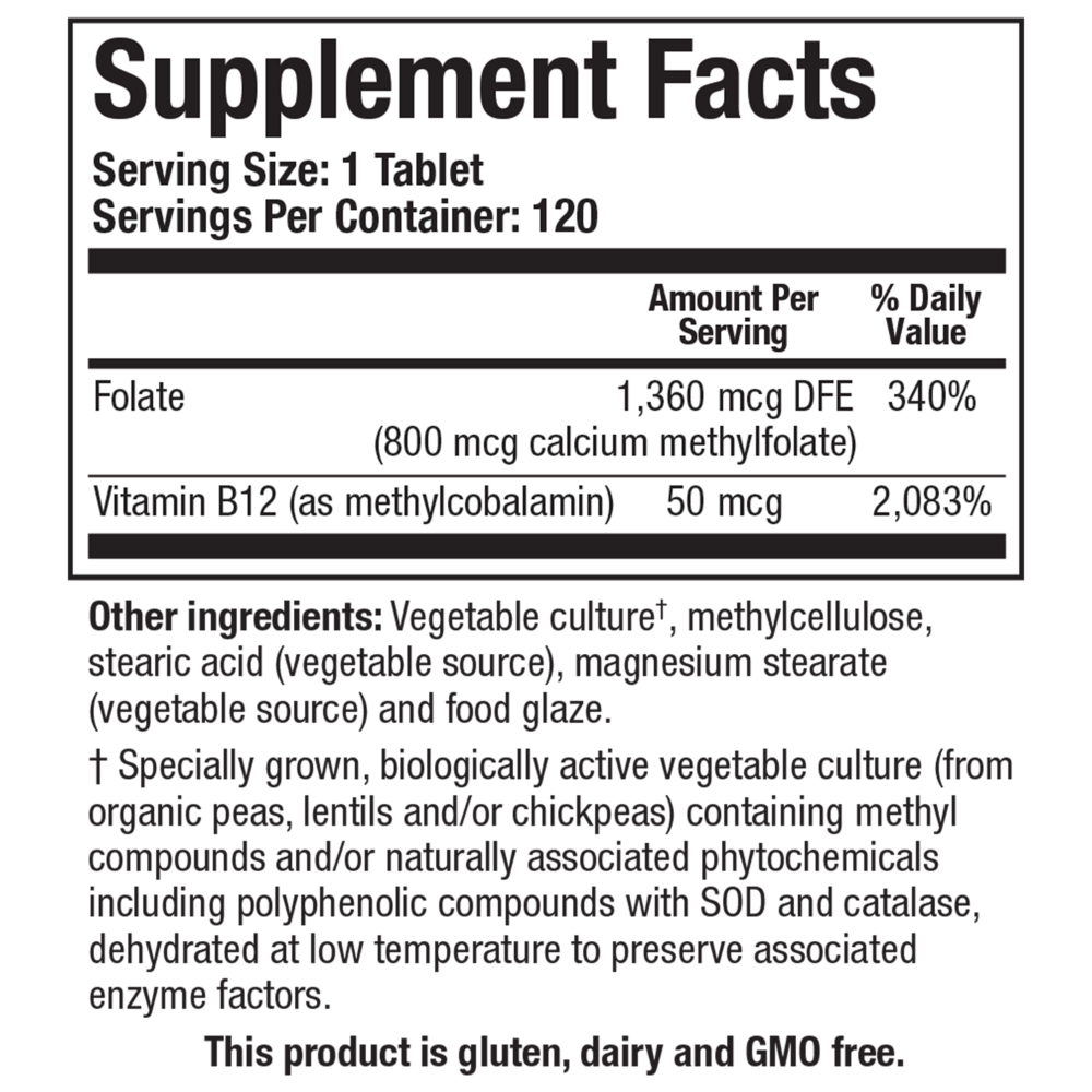 Biotics Research Methyfolate Plus 120 tablet supplement facts label