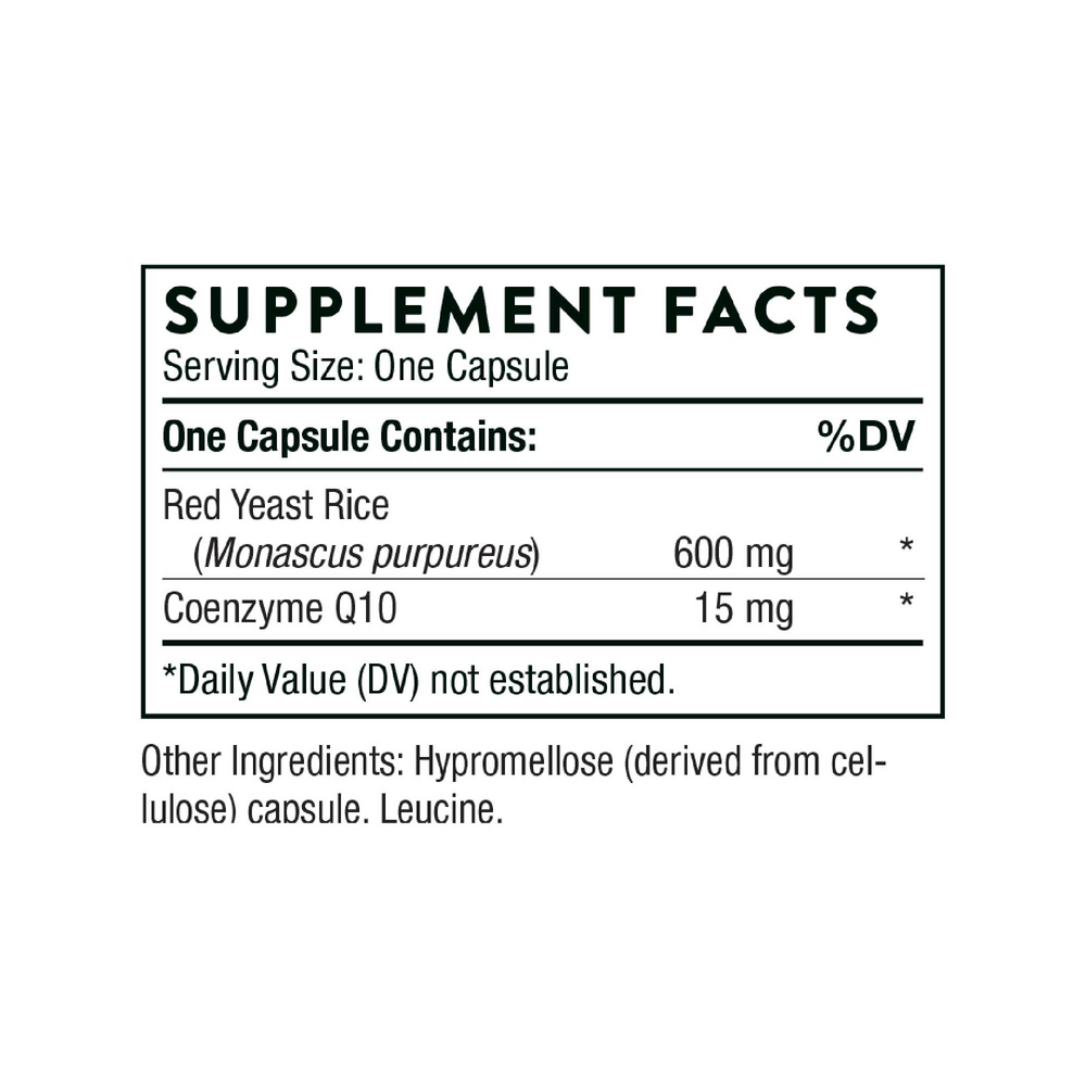 Thorne Red Yeast Rice + CoQ10 120 capsule supplement facts label