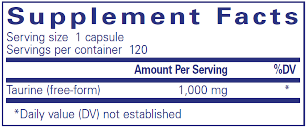 Pure Encapsulations Taurine 1000mg 120 capsule supplement facts label
