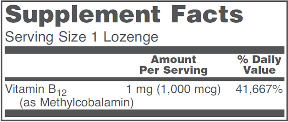 Protocol for Life Balance Methyl B-12 1000mcg 100 lozenge supplement facts label