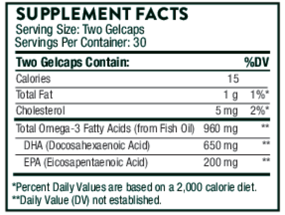 Thorne Prenatal DHA 60 gelcap supplement facts label