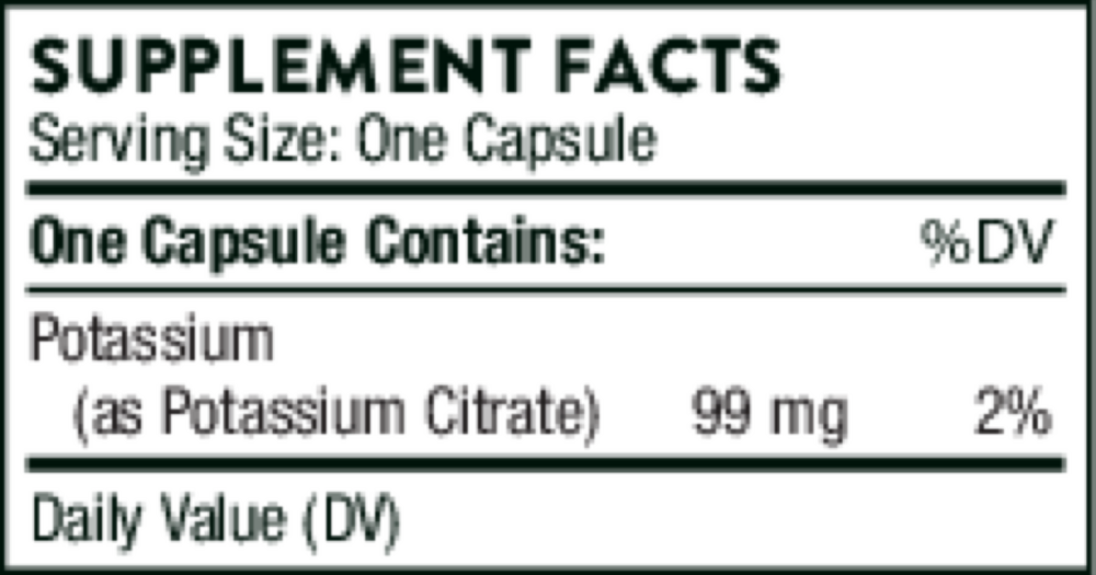Thorne Potassium Citrate 90 capsule supplement facts label