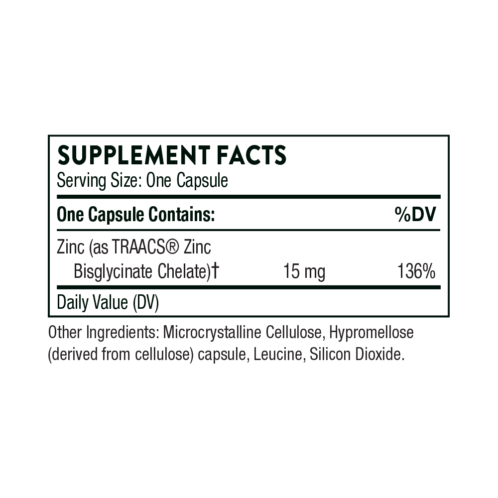 Thorne Zinc Bisglycinate 15mg 60 capsule supplement facts label