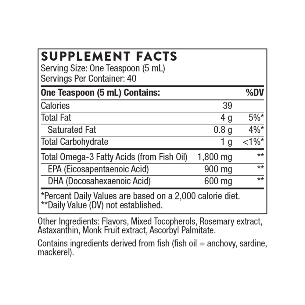 Thorne Omega Superb Lemon Berry EPA/DHA 200 milliliter supplement facts label