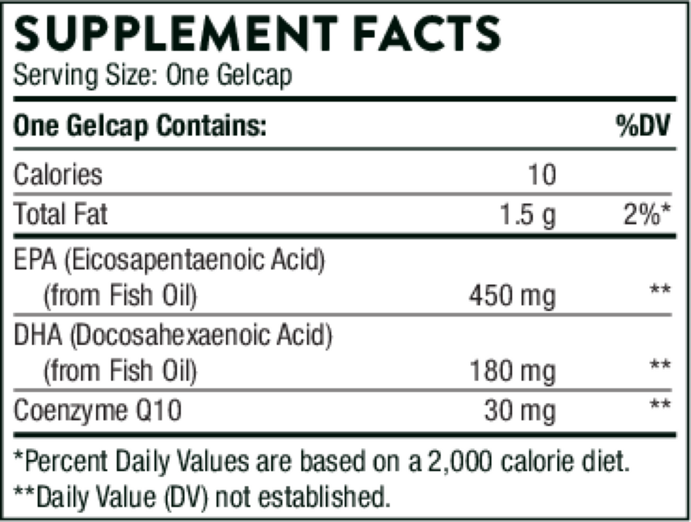 Thorne Omega-3 with CoQ10 90 gelcap supplement facts label