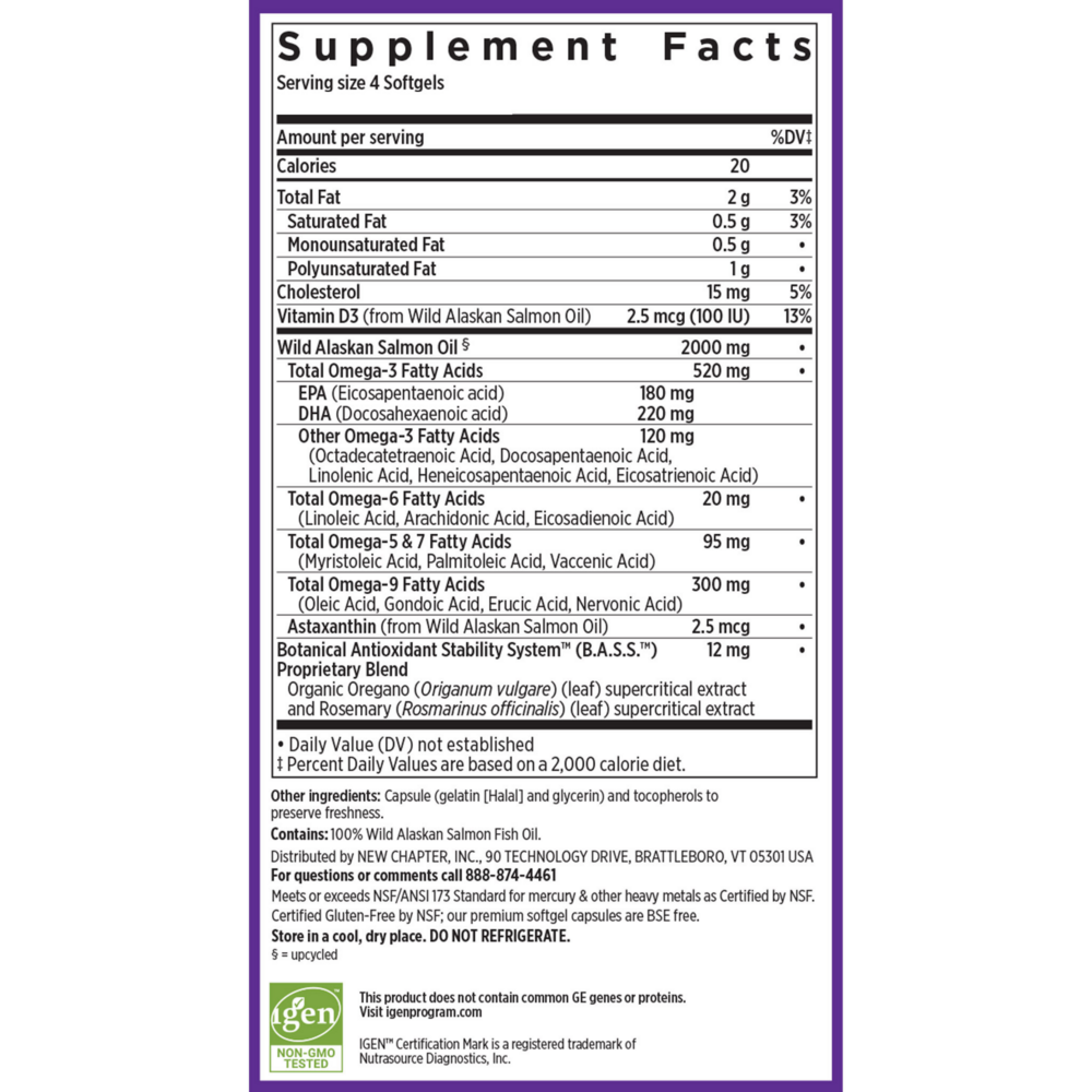 New Chapter Wholemega Tiny Caps 500mg 90 softgel supplement facts label