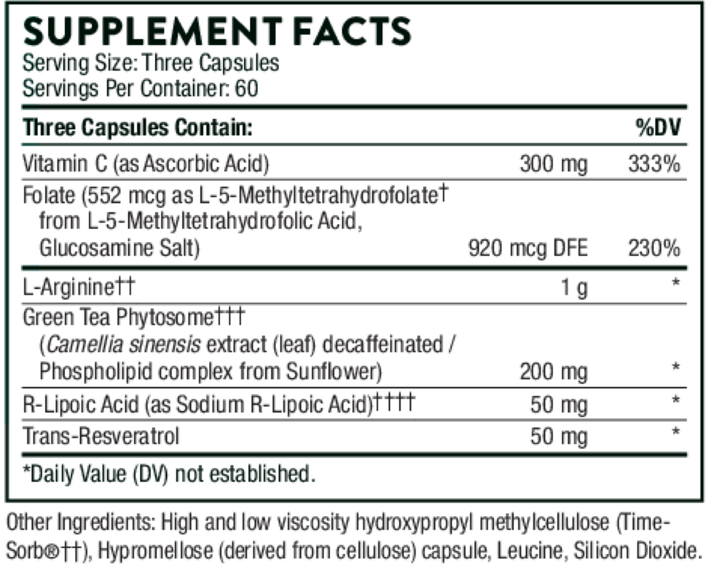 Thorne L-Arginine Plus 180 capsule supplement facts label