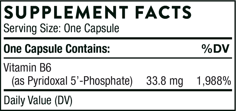 Thorne Pyridoxal 5’-Phosphate 180 capsule supplement facts label