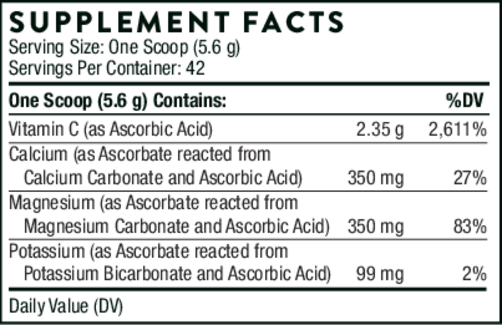 Thorne Buffered Vitamin C Powder 236 gram supplement facts label