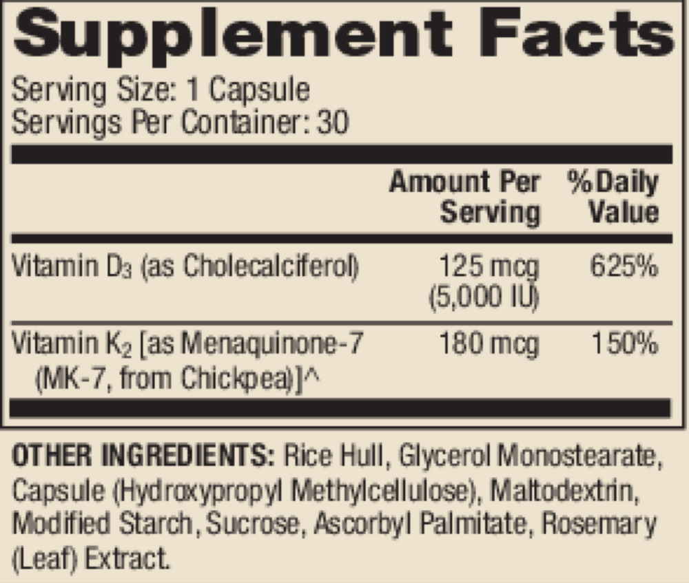 Dr. Mercola Vitamins D3 & K2 30 capsule supplement facts label