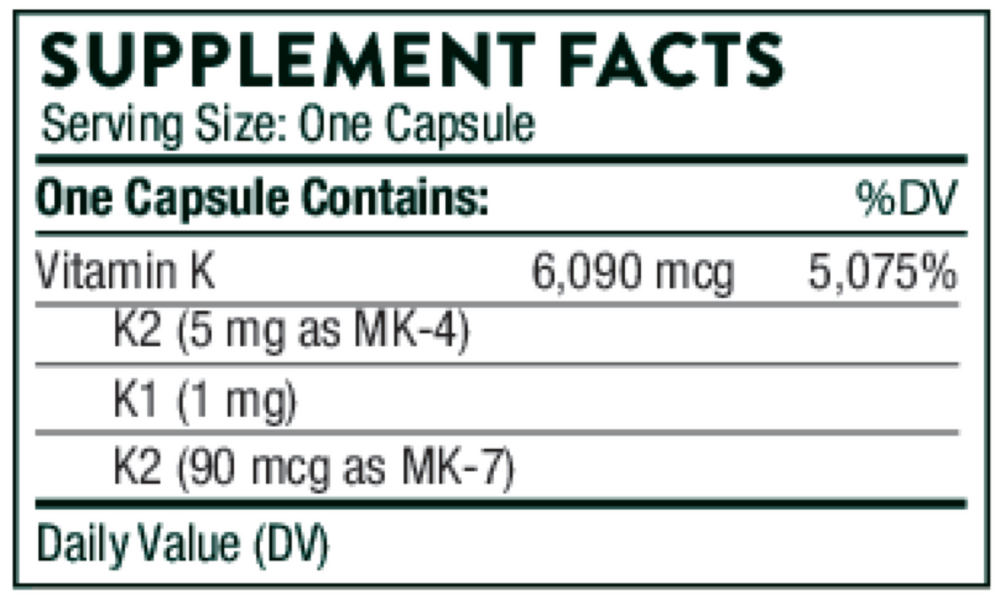 Thorne Vitamin K 60 capsule supplement facts label