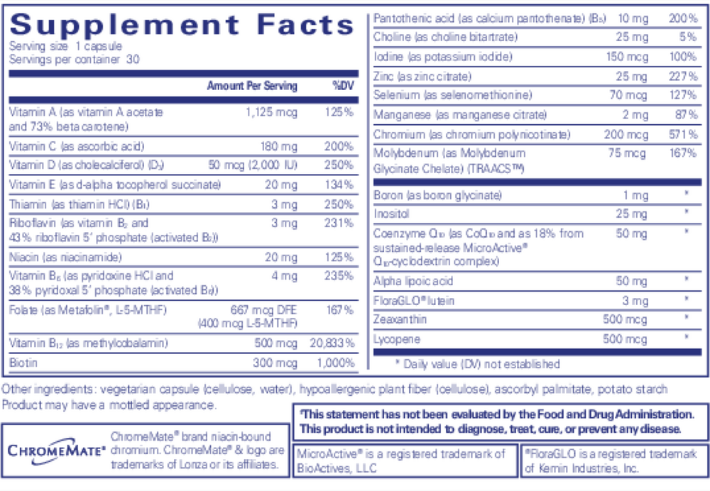Pure Encapsulations O.N.E. Multivitamin 30 capsule supplement facts label