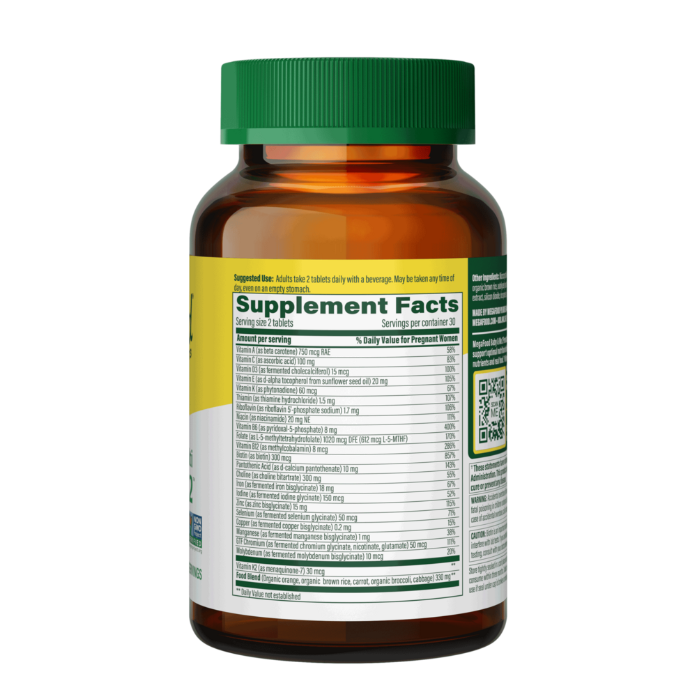 MegaFood Baby & Me 2 60 tablet supplement facts label