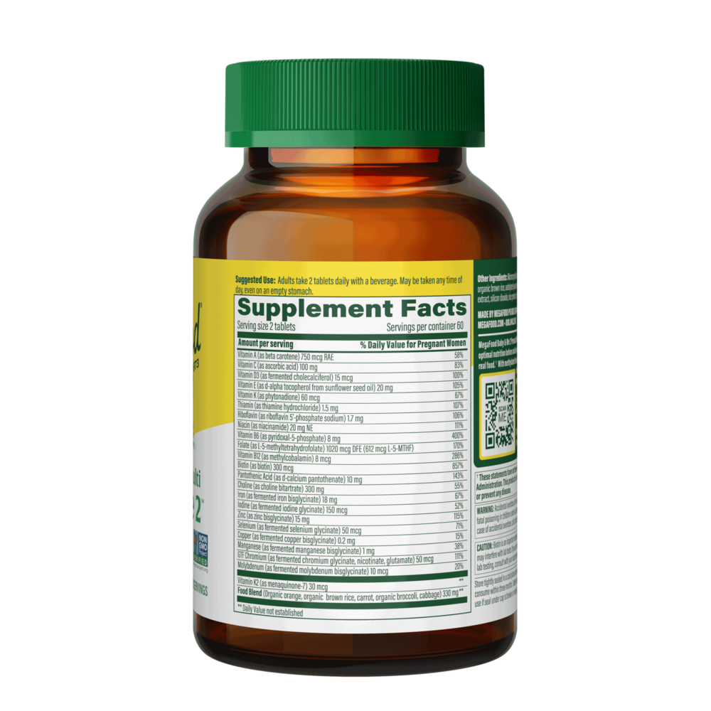 MegaFood Baby & Me 2 120 tablet supplement facts label