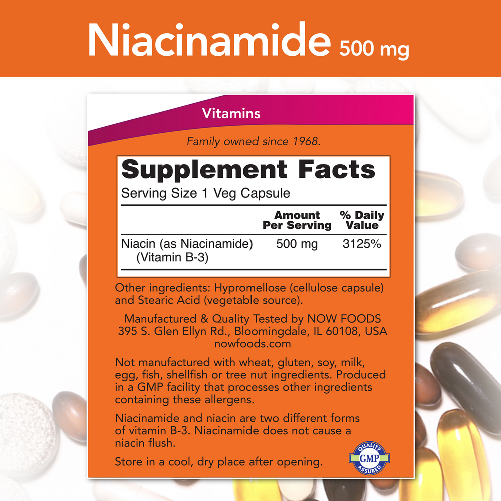 NOW Niacinamide 500 mg 100 capsule supplement facts label