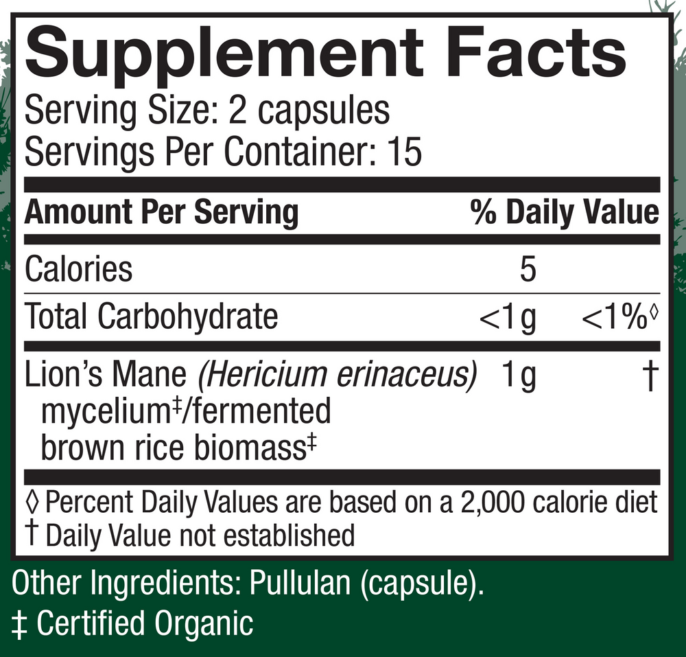 Host Defense Lions Mane 30 capsule supplement facts label