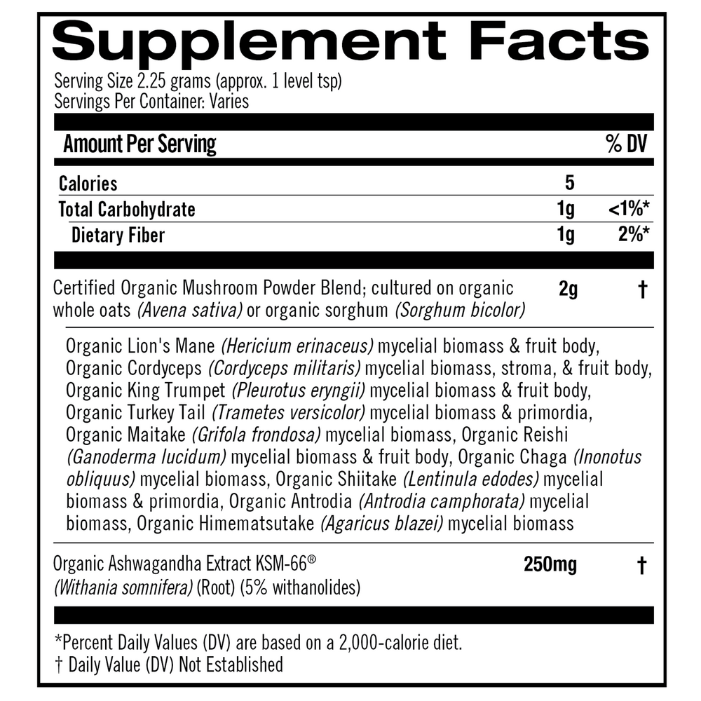 Om Organic Mushroom Nutrition Mushroom Master Blend 180 gram supplement facts label