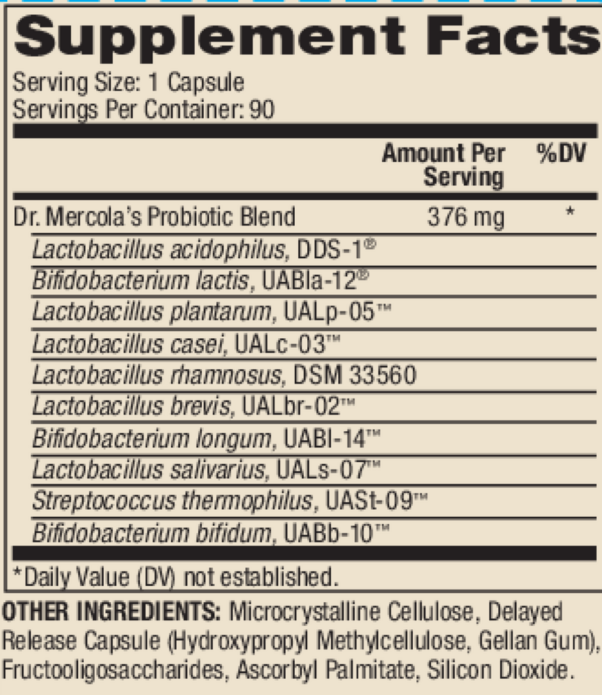 Dr. Mercola Complete Probiotics 70 Billion CFU 90 capsule supplement facts label